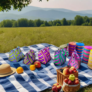 Sacs de plage uniques, traditionnels indiens, faits à la main, en nylon recyclé, réutilisables, tissés, rayés, avec fermeture éclair supérieure et pochettes assorties, fabricant - Product Image 3