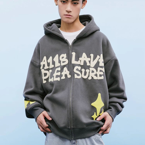 Meilleur sweat à capuche personnalisé poids lourd Vintage lavé à l'acide 400 GSM pour hommes Stone Washed Sun Faded Oversized Puff Printed Hoodies Men - Product Image 4