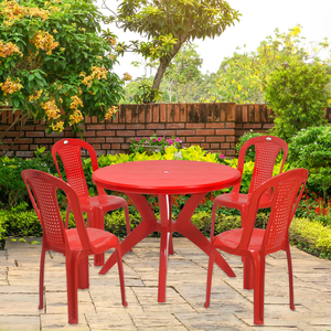 Juego de mesa de comedor redonda de plástico resistente a la intemperie con cuatro sillas diseñadas para un fácil mantenimiento y cómodos asientos en el jardín - Product Image 5