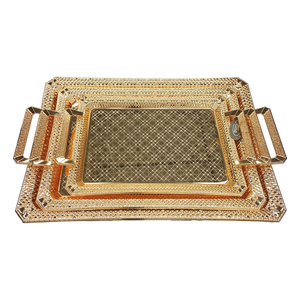 Fabricant de plateau de service alimentaire en métal argenté brillant Plateau de service en métal aluminium fait à la main avec poignée dorée - Product Image 2