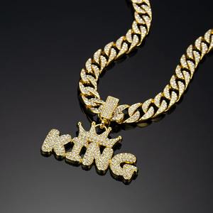 Collier chaîne cubaine Hip Hop unisexe pour femmes et hommes, plaqué argent et or, entièrement serti de diamants, lettre couronne roi - Product Image 3