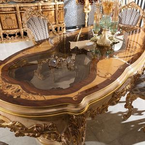 European Baroque Style Wood <b>Dining</b> <b>Table</b> Set With Gold Carving And Glass <b>Top</b> Antique Design For Home Furniture - Product Image 2