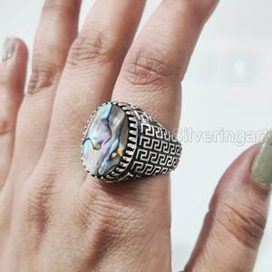 Bague en argent sterling 925 pour homme, avec coquille d'ormeau naturelle et pierre de naissance, toutes tailles, cadeau d'anniversaire arabe, vente en gros - Product Image 1
