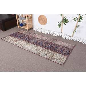 Vintage <b>Traditional</b> Blue Beige Wool <b>Rug</b> 3 X 6.5ft Patchwork Design for Entryway or Bedside Latex Backed Jute <b>Rug</b> for Summer - Product Image 3