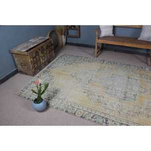 5.5x9.8 ft Rug, Vintage Turkish Rug, <b>Yellow</b> Blue Oriental Rug - Product Image 5