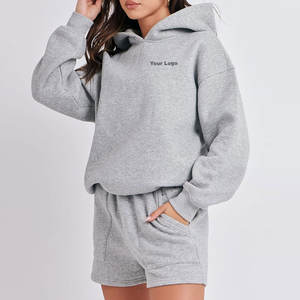 Ensembles courts à capuche pour femmes 400 GSM gris couleur surdimensionnée ensembles courts à capuche pour femmes personnalisés marque personnalisée - Product Image 2