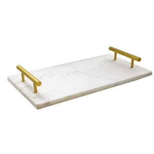 Nouveau plateau de service en marbre blanc avec incrustation en laiton, poignée en métal, style américain, écologique, fait main, plateau de mariage - Marque TQC - Product Image 2
