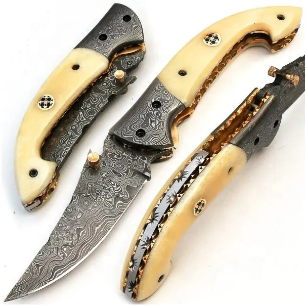 2022 New Style Folding Pocket Knife Cool Camping Knife Unique Damascus Blade Pattern With Bone Handle & Leather Sheath