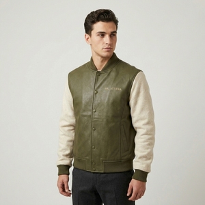Blouson bomber vert olive pour homme en similicuir avec manches en polaire, boutons-pression, tricot côtelé, personnalisable OEM ODM - Product Image 4