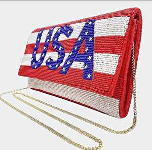 USA rayures étoiles drapeau patriotique graine perlée bandoulière chaîne enveloppe forme coton soirée pochette mode Mart sac à main - Product Image 5