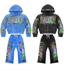 Acid Wash SweatSuits 100% algodón grueso Zip up apliques acampanados chándales sudaderas con capucha completos y pantalones de chándal conjuntos para M - Product Image 5