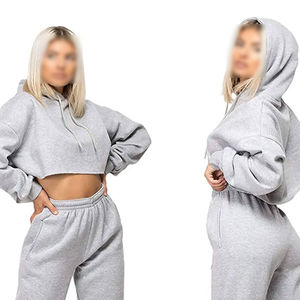 Ensembles de vêtements de sport décontractés d'hiver pour femmes, hauts courts à motif uni avec capuche, style simple, sweat-shirt et pantalon, survêtements en gros - Product Image 4