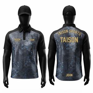 Maillot de golf pour hommes 180 GSM en polyester interlock premium noir avec empiècements gris aux épaules, respirant, logo personnalisé par sublimation - Product Image 1