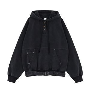 Sweat à capuche oversize vintage pour femme, couleur unie, en polaire anti-boulochage, manches longues avec poches, 60% coton 40% polyester, vêtement d'hiver - Product Image 2