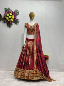 Élégant traditionnel Faux Georgette indien mariée Lehenga Choli Dupatta brodé paillettes travail impression numérique pour les fêtes - Product Image 5