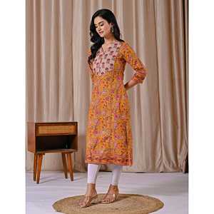 Kurti droit en coton jaune imprimé au bloc, style décontracté pour le club, conception personnalisée ODM, respirant et longueur au sol - Product Image 6