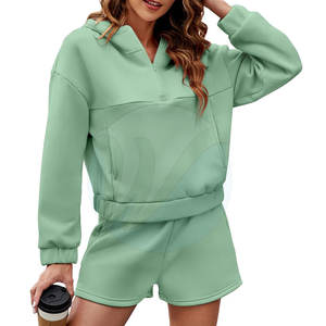 Fabrication d'usine femmes hiver décontracté coton polaire sweats à capuche ensemble court nouveau Design couleur unie écologique - Product Image 1
