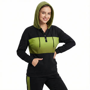 Ladies Hoodies <b>Henley</b> Neck Hooded Sweatshirts Button Placket Kangaroo Pocket <b>Long</b> <b>Sleeve</b> Casual Wear Stylish Pullover Hoodies - Product Image 1