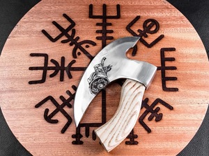 Hacha de Pizza de acero de alto carbono grabada personalizada de alta calidad estilo vikingo hacha de Camping con mango de madera Venta caliente con funda - Product Image 4