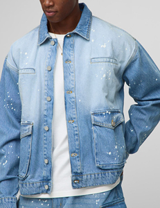 Chaqueta vaquera para hombre, ropa de invierno con varios bolsillos de alta calidad, lavada con piedra desteñida azul claro, OEM/ODM - Product Image 3