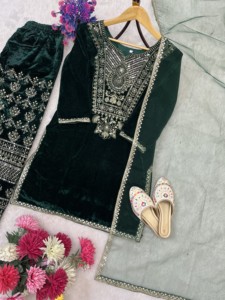 Costume pantalon avec dupatta en velours brodé de sequins, style designer, tendance de la saison - Product Image 4