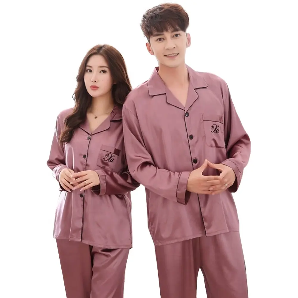 Pijamas de seda personalizadas, pijamas de seda baratos com gola entalhada de manga comprida, duas peças, confortável, conjunto de pijama