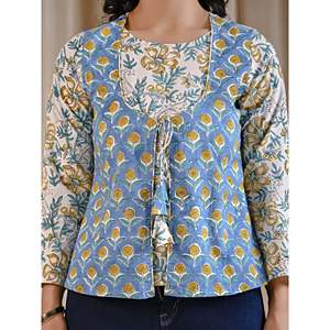 เสื้อผู้หญิงผ้าฝ้ายสีน้ำเงินพิมพ์ลายบล็อกด้วยมือ ทรงเอซิมเมตริก ระบายอากาศได้ดี ผ้าป๊อปลิน ปักลายดอกไม้ ไซส์ XS-XL เหมาะสำหรับใส่ทำงาน - Product Image 2