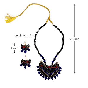 Handmade Traditional Gamusa Blue Black Muga Silk Necklace <b>Set</b> Fine Jewelry with Tribal Design - Product Image 1