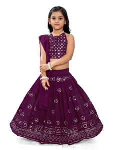 Shoryam Fashion - Tenue ethnique pour filles, robe de mariage et de fête, Lehenga Choli longue, broderie violette, paillettes, tenue festive indienne pour enfants - Product Image 3