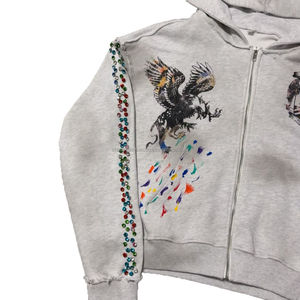 500g DTG impression sweat à capuche surdimensionné pour hommes avec fermeture à glissière à rivets personnalisée et strass de lavage à l'acide sweat à capuche pour hommes - Product Image 6