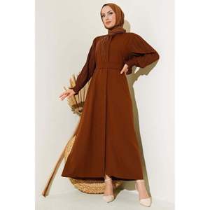 Abaya traditionnelle marron Nida à manches plissées pour garçons Hijab décontracté élégant pour les saisons d'été et d'hiver Taille XXL - Product Image 3