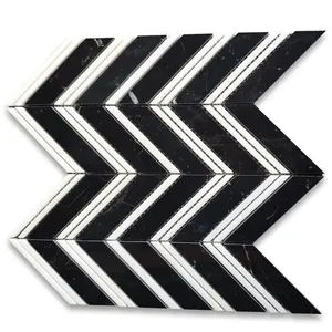 Carreau de mosaïque Nero Marquina Chevron en marbre noir N7B5XP avec lignes Thassos finition polie pour salle de bain Design de style chinois - Product Image 1
