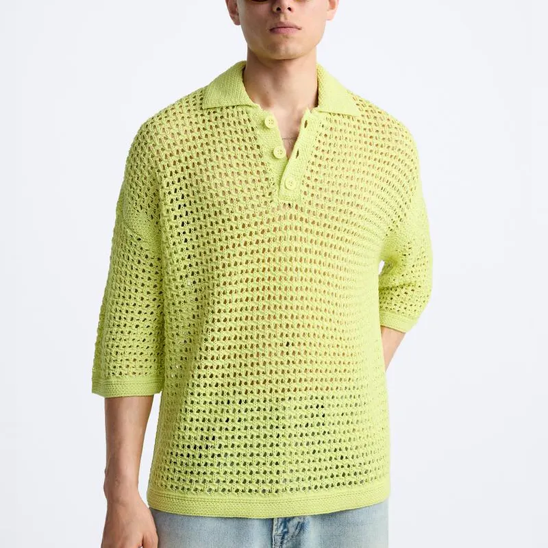 Polo d'été ample et personnalisé, tricot creux, à manches courtes, chemise décontractée et surdimensionnée, pull en tricot à col ouvert pour hommes.
