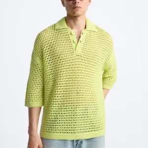 Sommer individuelles lockeres Polo-Strickshirt hohl gestrickt kurzärmelig lässig übergroßes Hemd Loch offener Nacken Strickwaren Herrenpullover