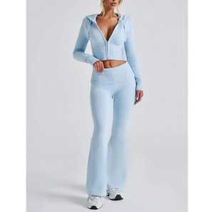 Ropa al por mayor para mujer: Sudadera con cremallera, ropa deportiva, conjuntos de chándal, conjunto tejido, pantalones de cintura baja Y2K, estilo casual liso. - Product Image 1