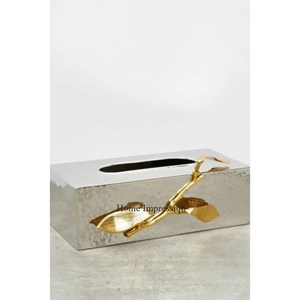 High Standard Quality Material <b>Hammered</b> Texture Designer Silver Color Shiny Polished With Gold Plated Leaves Tissue Paper <b>Holder</b> - Product Image 1