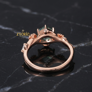 Anillo de compromiso floral de plata 925 con ágata musgosa hexagonal, inspirado en la naturaleza, con diseño de margarita y ramas. - Product Image 4