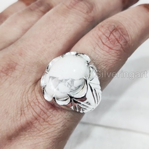 Vente en gros de bagues pour hommes, pierres précieuses naturelles en howlite, toutes tailles, bijoux ottomans faits à la main, bagues en argent sterling 925 - Product Image 1
