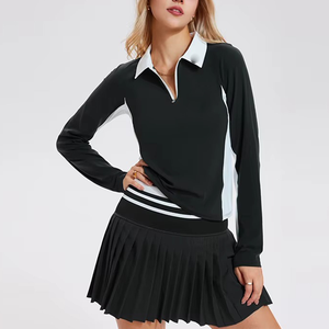 Женский комплект из двух предметов: теннисная юбка с высокой талией и плиссировкой, с цветными блоками, на молнии до середины груди, с длинным рукавом, с логотипом спереди (спандекс/хлопок) - Product Image 1