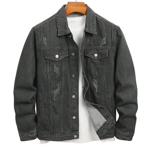 Chaqueta de Mezclilla Negra Desgastada para Hombre, 100% Algodón, Cierre de Botones, Manga Larga, Estilo Casual, Resistente al Viento, Corte Regular, Ropa Urbana - Product Image 1