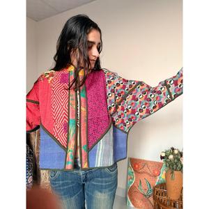 1 of 1 Vintage Quilted Sheep Skin Bomber <b>Jacket</b> XL Reversible with <b>Sequins</b> Pearls Decoration Autumn & Winter Coat Hooded Collar - Product Image 5