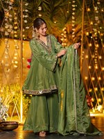 Ensemble Kurti Pant Dupatta brodé pour femmes, vert de mer, mélange de soie, vêtements ethniques, costume de fête pour femmes