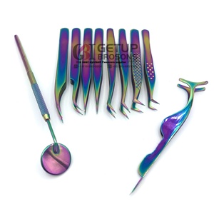 Pince à épiler GETUP BROSONS IMPEX de haute qualité, antistatique, durable, en acier inoxydable, pour extensions de cils, pointe dentelée, miroir arc-en-ciel - Product Image 1