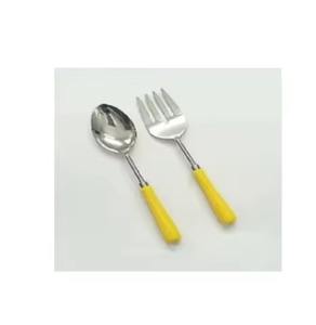 Round <b>Plain</b> Yellow Resin Handle Stainless Steel Hand <b>Mirror</b> Polished Salad Serving Set - Product Image 1