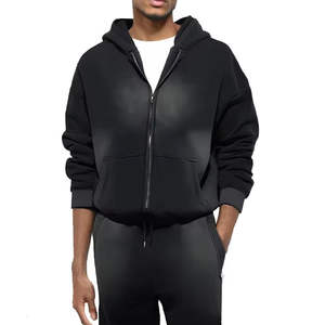 Custom Sun Fade Acid Wash Boxy Fit Zip Hoodie 100% Algodón Peso pesado Sudadera con capucha en blanco Oversized Streetwear Cropped Hoodies - Product Image 1