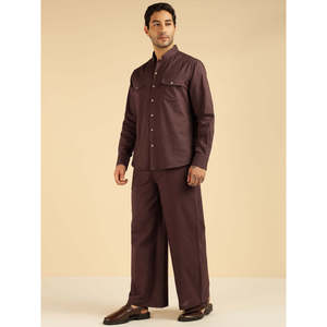 Ensemble coordonné Amanush pour homme en coton marron uni, chemise à manches longues à col mandarin, pantalon longueur cheville, décontracté, respirant, été, 2 pièces - Product Image 4