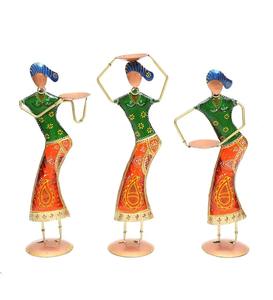 Ethnic India Cultural Sculpture Ladies with Tagari Set Of 3 Metal Art Set for Office <b>Home</b> Decor & Gallery Interior Arrangement - Product Image 5