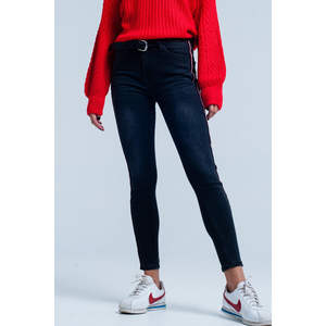 Jeans Negros de Cintura Alta, Ajustados, con Franja Lateral Roja, Transpirables, Talla XL, Estilo Flare, con Cinturón Incluido - Product Image 1