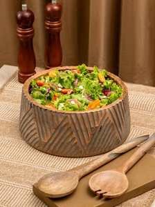 Natural wood serving <b>bowl</b> featuring a teal and white floral <b>enamel</b> print, with two wooden serving spoons, at wholesale prices. - Product Image 4