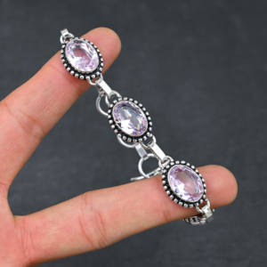 Piedra preciosa de kunzita Rosa creada en laboratorio, pulsera de estilo de cadena hecha a mano chapada en plata 925, regalo de joyería fina de diseñador - Product Image 4